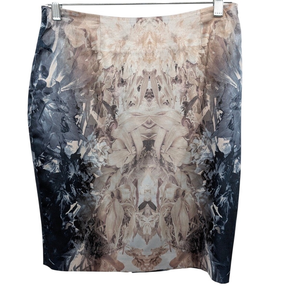 AllSaints Wither Satin Pencil Skirt Blue Cream Floral Print Women's Sz 6